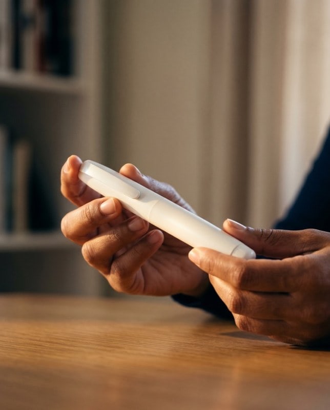 Caneta injetora ilustrativa de medicamento manipulado à base de tirzepatida para emagrecimento com acompanhamento médico.